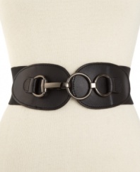 Be the center of attention with this bold Steve Madden stretch belt with eye-catching hook hardware at the front.