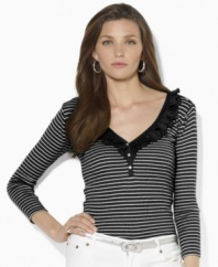 Airy jersey ruffles and a chic V-neckline lend flirty appeal to a soft ribbed-knit petite top, from Lauren by Ralph Lauren.