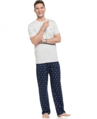 Get ready to relax in the classic, heritage comfort of this coordinating (and super comfortable) pajama t-shirt and pant set from Nautica.