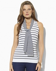 Rendered in soft jersey-knit cotton with a hint of stretch, the Faletta V-neck top embodies nautical spirit with sleek stripes and a cozy attached scarf.