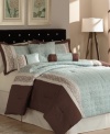 An embroidered geometric circular pattern, over waves of cool blue color, creates luxurious texture in this Ashbery comforter set. Pieces are accented with contrasting brown and cream tones. Comes complete with bedskirt, shams and three decorative pillows for an exquisite allure. (Clearance)
