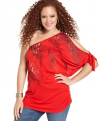Look party-perfect this weekend with Baby Phat's one-shoulder plus size top, featuring a sexy snakeskin print.