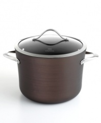 Just right. The perfect kitchen companion, this elegant bronze piece features multiple layers of nonstick technology, a hard-anodized construction and stay-cool handles for an unrivaled combination of professional performance and everyday ease. Your go-to for cooking soups, stocks, chili and more. Lifetime warranty.
