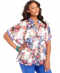 Blossoms beautify Calvin Klein's short sleeve plus size top, cinched by drawstring waist-- liven up your look this season!