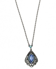 The ornate, vintage-inspired styling of 2028's fan-shaped necklace yields a decidedly distinct look. Adorned with sapphire-colored crystals and crafted in hematite tone mixed metal. Approximate length: 16 inches + 3-inch extender. Approximate drop: 2 inches.