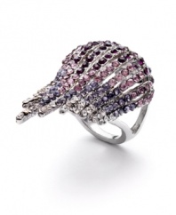 Fly right fashionista! Bar III's fabulously-chic cocktail ring features a decorative wing accented by sparkling crystals in various shades of purple. Set in silver tone mixed metal. Size 7.