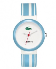 Flash those baby blues with this men's and women's creation from Lacoste. Goa watch crafted of blue and white stripe silicone strap and round plastic case. White dial features iconic crocodile logo at twelve o'clock, printed text logo at six o'clock and three hands. Quartz movement. Water resistant to 30 meters. Two-year limited warranty.