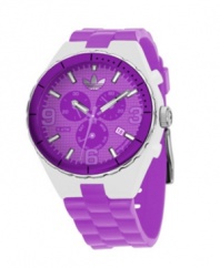 High-intensity color for a high-energy day. Cambridge watch by adidas crafted of purple silicone strap and round clear nylon case. Purple bezel with black stick indices. Purple grid-patterned chronograph dial features applied silver tone numerals at three, six and nine o'clock, stick indices, minute track, date window at four o'clock, three subdials, luminous hands and logo. Quartz movement. Water resistant to 50 meters. Two-year limited warranty.