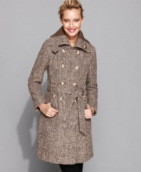Calvin Klein updates the classic trench coat with fall's favorite fabric: textural tweed! The knit collar adds a soft touch to the structured silhouette. (Clearance)
