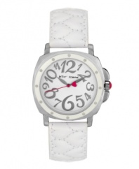 Hugs and kisses from Betsey! Sweet watch by Betsey Johnson crafted of white leather strap with heart-shaped quilting and square silver tone mixed metal case with white bezel. White dial features whimsical silver tone numerals, silver tone hour and minute hands, fuchsia heart-accented second hand and logo. Quartz movement. Water resistant to 30 meters. Two-year limited warranty.