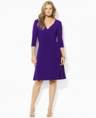 Rendered in season-spanning stretch jersey for an exquisite drape, this elegant plus size dress from Lauren by Ralph Lauren features a surplice neckline and a cascading ruffle for a look that's imbued with modern romance.