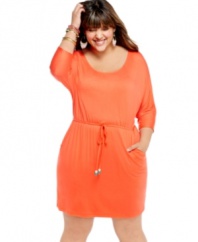 Look simply cute in Soprano's three-quarter sleeve plus size dress, cinched by drawstring waist.