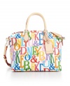 Color yourself fabulous! This stunning satchel style from Dooney & Bourke features a colorful signature print, solid trim and luggage tag at handle base.