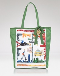 Only in New York. Pledge your coastal allegiance with this ultra-cute sateen tote from Juicy Couture, punctuated by scenes from the city that never sleeps.