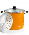 Get steamed! Introduce new ethnic flavors and tastes into your kitchen. This aluminum steamer features tall sides and a perforated metal divider that keeps tamales, seafood, veggies and other culinary creations out of hot water. The hassle-free way to get great steamed flavor right away. 1-month warranty.