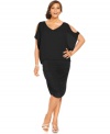 Nine West's plus size dress delivers show-stopping style with a split-sleeve, blouson-style bodice and a fitted ruched skirt. Beaded trim at the neck and cuffs adds an element of sparkle to the look.