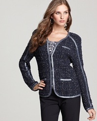 Silver sequin trim brings downtown dazzle to an uptown classic on this BASLER fitted tweed blazer. Rock it with skinny leather pants at a concert, or make like the ladies who lunch and team it with a pencil skirt and strands of pearls.