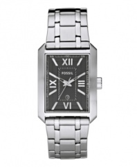 Accentuate your sophistication with this timeless dress watch from Fossil. Stainless steel bracelet and rectangular case. Textured black dial features silvertone stick indices, Roman numerals at twelve, three, six and nine o'clock, date window, luminous hands and logo. Quartz movement. Water resistant to 50 meters. Eleven-year limited warranty.