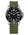 Let the adventure begin and bring this watch by Tommy Hilfiger along with you. Olive green silicone strap with faux link texture and round stainless steel case with white numerals at black bezel. Black dial features applied silver tone numerals at twelve, three, six and nine o'clock, stick indices, date window, three hands an iconic flag logo. Quartz movement. Water resistant to 30 meters. Ten-year limited warranty.