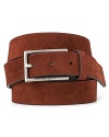 Finish off your attire with this handsome skinny belt, featuring soft suede and a thin rectangular brass buckle.