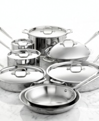 Great kitchens start with top-quality All-Clad cookware. The popular stainless steel collection is constructed of a durable, hand-polished 18/10 stainless steel surface and a pure aluminum core. Long stay-cool handles and stainless lids top the collection off! Lifetime warranty.