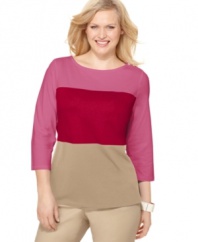 A a chic colorblocked design highlights Charter Club's three-quarter sleeve plus size top-- pair it with your favorite casual bottoms.