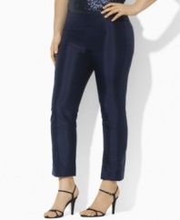Crisp silk dupioni gives off a brilliant luster on Lauren by Ralph Lauren's plus size pants, rendered in a slim-fitting silhouette. (Clearance)