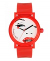 For Betsey Babes inside and out. Watch by Betsey Johnson crafted of red polyurethane strap and round polycarbonate case. White dial features large graphic of woman's face, black hour and minute hands, red second hand with heart accent and logo. Quartz movement. Water resistant to 30 meters. Two-year limited warranty.