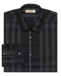 Strike a modern look with this choice dress shirt from Burberry, tailored in a contemporary fit for a trim silhouette and patterned with a subtle tonal check pattern all over.