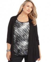 Snag two styles for one great price with AGB's layered look plus size top, including an open front cardigan and printed inset.