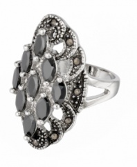 Snap up style inspired by an heirloom. This chic ring by City by City has vintage appeal and a whole lot of sparkle. Crafted in antique silver tone mixed metal, ring features clusters of jet-colored cubic zirconias (3-9/10 ct. t.w.) with marcasite trimming. Size 7.