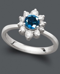 A glamorous growth spurt. Bella Bleu by Effy Collection's beautiful ring features a petite floral shape with a round-cut blue diamond center (1/2 ct. t.w.) and white diamond petals (1/4 ct. t.w.). Crafted in 14k white gold.