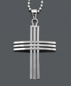 Show off symbolic style. This unique men's pendant features a three row cross on a matching bead chain. Crafted in stainless steel. Approximate length: 24 inches. Approximate drop width: 1-1/2 inches. Approximate drop length: 2 inches.