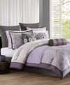 The Marrakesh comforter set from Echo translates this traditional Moroccan-inspired look for the modern bedroom. A white Damask pattern creates a soft focal point over lavender while a slate gray print borders the duvet cover and shams with alluring precision. Comforter and shams reverse to a subtle gray Damask for a unique design alternative.
