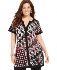 Brighten up your leggings with Alfani's short sleeve plus size tunic top, broadcasting an electrifying print.