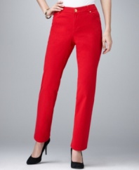 Style&co.'s soft twill straight leg petite pants give any outfit a boost: try them in classic black or bold scarlet red – or both!
