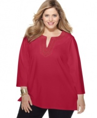 Stock up on a casually chic look with Charter Club's three-quarter sleeve plus size tunic top, accented by elegant embroidery-- enjoy multiple colors at an Everyday Value price!