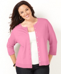 This three-quarter sleeve cardigan from Charter Club's collection of plus size clothes is a classic layering piece--team it with a shell for a twin set that ramps up your plus size fashion rotation!