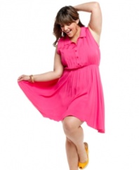 Sport feminine casual style with ING's sleeveless plus size shirtdress, featuring a flattering A-line shape.
