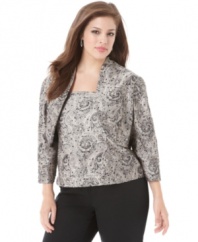 Whether worn with a satiny skirt or fabulous pants, this metallic R&M Richards plus size bolero and matching top will put a sparkling finishing touch on your ensemble with a smattering of sequins. (Clearance)