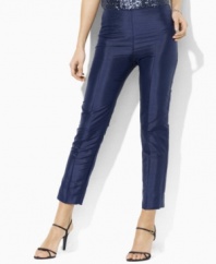 Crisp silk dupioni gives off a brilliant luster on Lauren by Ralph Lauren's petite pants, rendered in a slim-fitting silhouette. (Clearance)