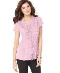 Mix it up with this petite top by NY Collection, designed with a front placket full of fashionable ruffled and pleated details. (Clearance)