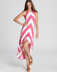 Vibrant chevron stripes lend a graphic punch to this Ella Moss dress, finished with a dramatic high/low hem.