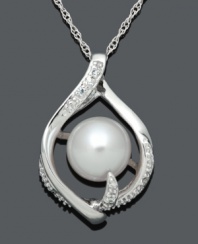 An elegant accent piece. This timeless style highlights a pretty, diamond-accented teardrop cradling a cultured freshwater pearl (8-9 mm). Setting and chain crafted in sterling silver. Approximate length: 18 inches. Approximate drop: 1 inch.