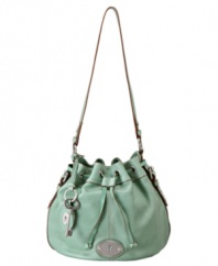 With an array of fun colors to choose from, this easy-going drawstring bag by Fossil will put a casual-cool spin on your style. Silvertone hardware and lock and key charms add just enough detail to this laid back look.