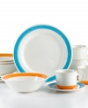 Made in the shade. Bands of fresh turquoise and zesty tangerine contrast contemporary white dinnerware that, in dishwasher-safe earthenware, is easy to mix, match and enjoy every day. From Corona.