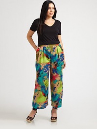 A bold print breathes a fresh, new energy into a classic palazzo silhouette, making these pants a must-own this season. You will find the front pleats beyond flattering. Elasticized waistbandPleats at waistSlash pocketsAllover printInseam, about 27ViscoseDry cleanMade in USA