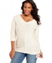 Showcase your sparkle with DKNY Jeans' three-quarter sleeve plus size sweater, featuring a sequined finish.