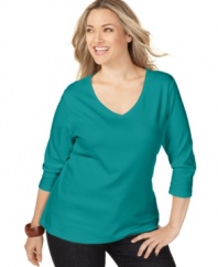 Stock up on basics with Karen Scott's three-quarter sleeve plus size top-- grab all the colors at an Everyday Value price!