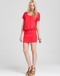 A billowy blouson bodice tops off an ultra-fitted skirt on this boldly hued Soft Joie dress.
